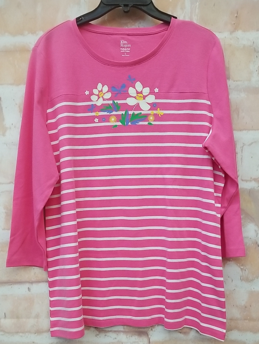 Kim Rogers Pink Striped Long-Sleeve Tee with Floral Chest Print Size L